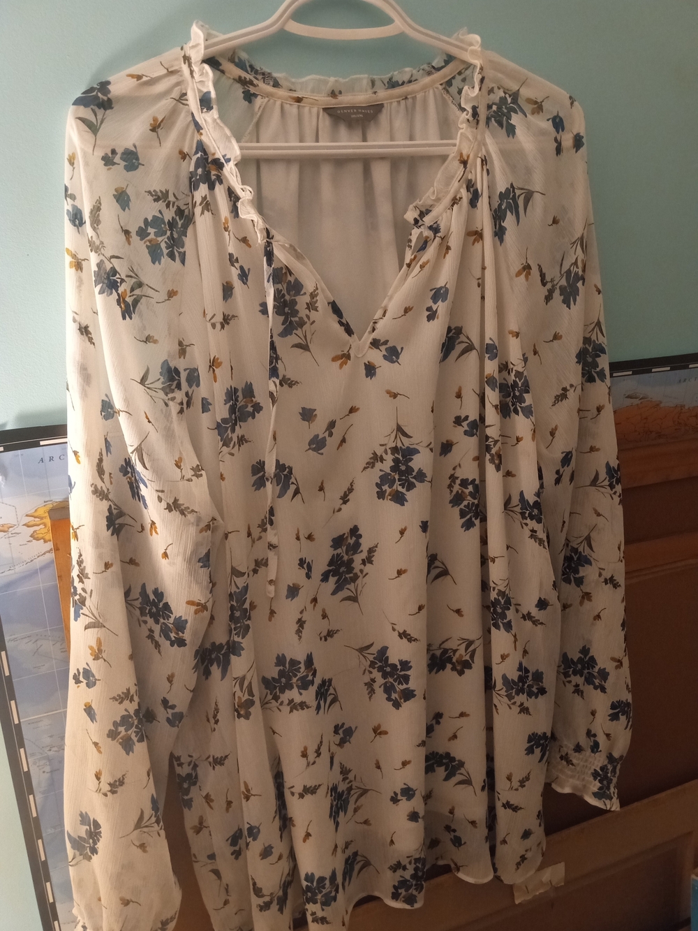 Denver Hayes Cream Floral Peasant Blouse with Blue & Gold Accents